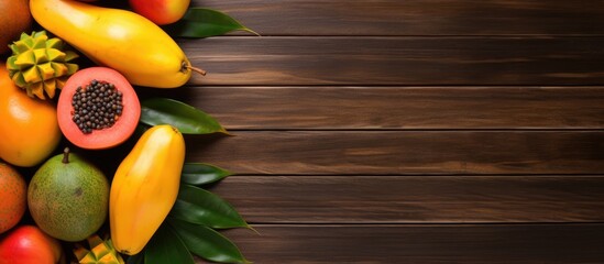 Sticker - Tropical fruits like mango and papaya displayed on a wooden background in a top view setting with copy space for text or images