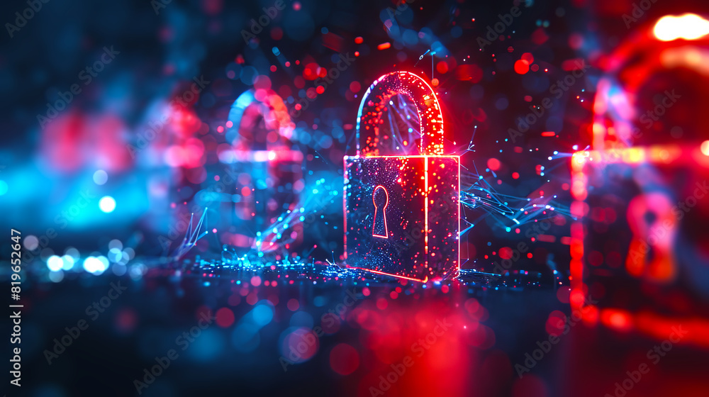 Digital padlock with glowing edges on a dynamic abstract background ...