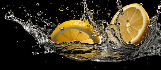 Sticker - Half a lemon falling into a glass of water with splashes set against a black to grey background creating a dynamic and vibrant copy space image