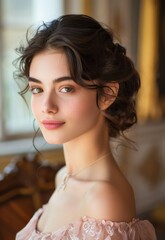 Wall Mural - an enchanting image showcases the grace and charm of a young brunette, her delicate evening makeup a