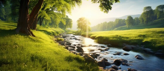 Canvas Print - Scenic meadow with a tranquil brook and sunlight filtering through the trees perfect for a copy space image