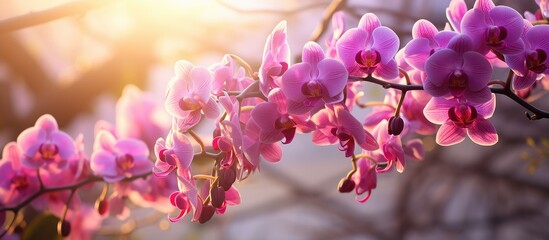 Sticker - Orchid flowers blooming gracefully on the tree with an unobscured view. Copy space image. Place for adding text and design