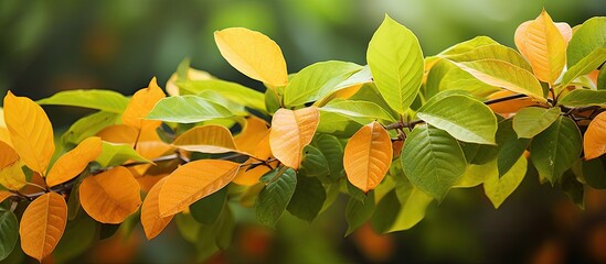 Wall Mural - A leafy background featuring yellow green and orange leaves of the Grewia asiatica plant also known as Phalsa or Falsa with copy space image