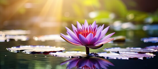 Wall Mural - Gorgeous pink purple water lily in full bloom at the garden pond with an attractive copy space image