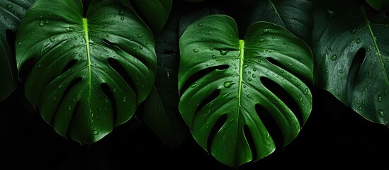 Wall Mural - tropical monstera plant leaves on black background with dew showing young green leaves and copy spac