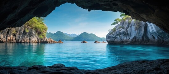 Wall Mural - Scenic view of a turquoise lake framed by a cave with available copy space image