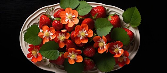 Wall Mural - A plate with fresh strawberries and sweet honeysuckle flowers viewed from above set against a dark background with copy space image