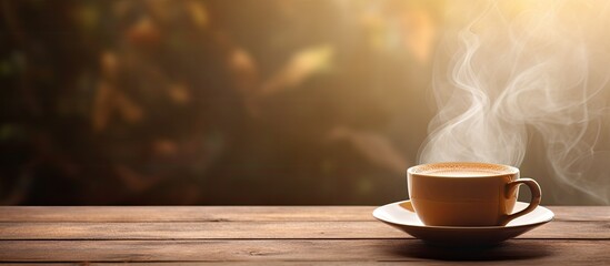 Wall Mural - A cup of hot tea placed on a wooden table with copy space image