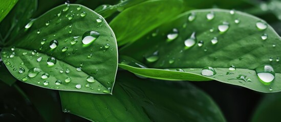 Wall Mural - Rain drops on green leaves create a beautiful image with copy space