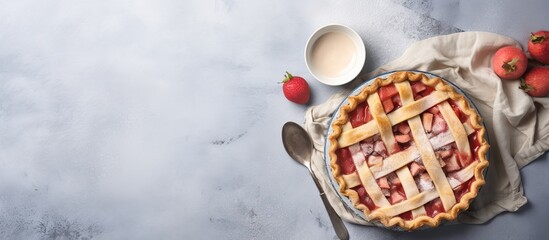 Sticker - Flat lay featuring a freshly baked rhubarb pie alongside cutlery presented on a light grey table with plenty of blank space for additional elements in the photo