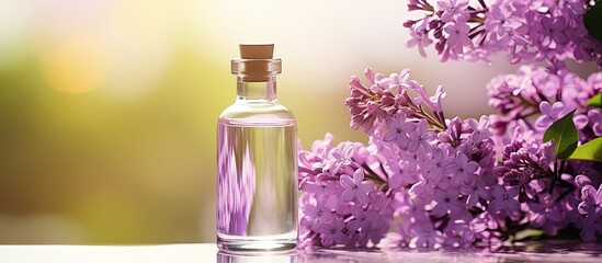 Poster - Beauty oil bottle with lilac flowers focusing on the copy space image