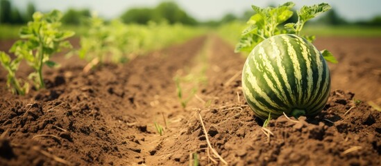 Poster - Ripe striped watermelon growing on the ground in agricultural copy space image