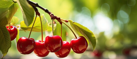 Wall Mural - detailed shot of ripe red cherries on a tree with a copyspace image