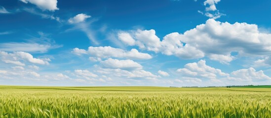 Wall Mural - Aerial view of ripening wheat crop fields on a farm under a blue sky and white clouds with copy space image