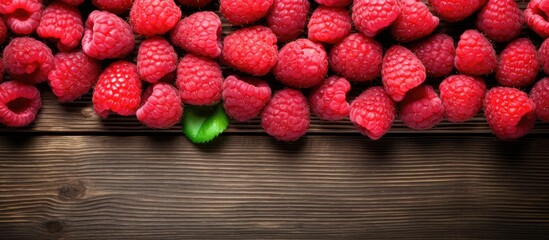 Wall Mural - Top view of fresh raspberries arranged on a rustic wooden surface with copy space image