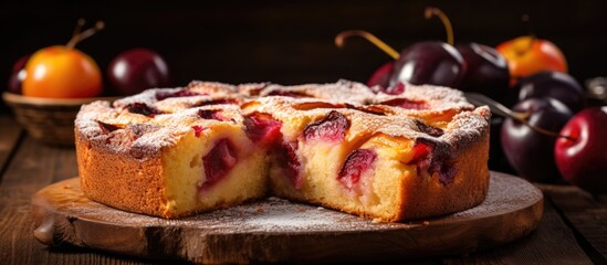 Wall Mural - Apple and plum cake homemade and presented beautifully on a rustic wooden table with copy space image