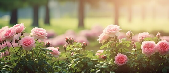 Wall Mural - A serene green garden where stunning pink roses bloom depicted in a softly tinted copy space image with a blurred background for emphasis