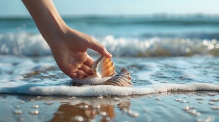 Hand picking up a seashell from the sand with waves approaching in the background