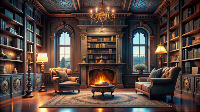 Luxurious home library with floor-to-ceiling bookshelves, a cozy reading nook, and a plush velvet armchair by a fireplace.