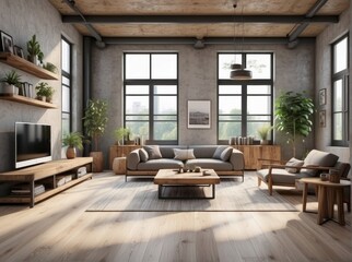 Wall Mural - Cozy home interior, industrial style living room with natural wooden furniture