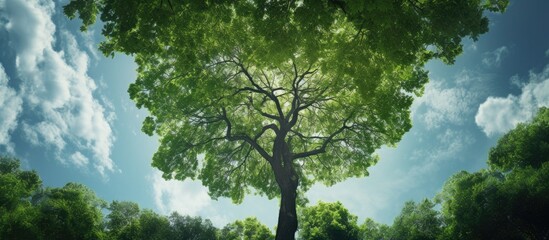 Sticker - a tall green tree as viewed from the ground reaching up towards the sky in a copy space image