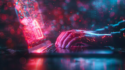 Wall Mural - Hands typing on a laptop with a glowing digital lock symbol, cyber security concept on a dark bokeh background. Generative AI