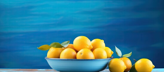 A vibrant scene with a big plate of colorful lemons on a blue table at a cafe featuring a copy space image