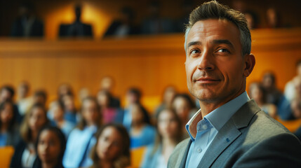 Wall Mural - Confident man in foreground, blurred audience in background, leadership concept, professional event. Generative AI