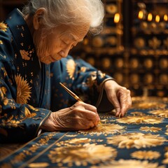Wall Mural - The old man was weaving large cloths and plaiting them together to make batik cloth. Light shines from above as she weaves. There are wooden frames with various batik patterns.