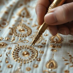 Wall Mural - The artist's hand holding a pen, creates intricate patterns on silk with gold ink. The background is a white tablecloth decorated with elegant calligraphy designs in the style of a calligrapher.