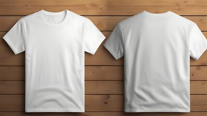 white t shirt blank mockup on woody background. Dual side mockup. Front side and backside blak space.	