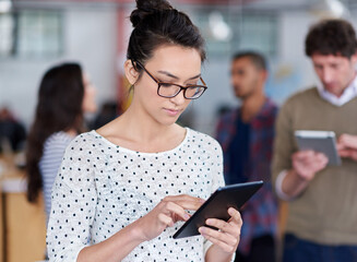 Creative, girl and online with tablet in office for web design or development for startup agency, business and reading layout. Designer, technology and thoughts for idea, website and digital apps.