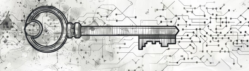 A detailed sketch illustration of a key with binary code etched into its surface
