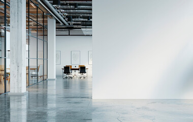 An empty modern office interior with a large white mockup wall, concrete and glass elements, light-filled room, concept of space for branding. Generative AI