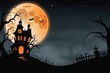 © dimas - Happy halloween banner or party invitation background with haunted house, graveyard, dead tree and pumpkins.