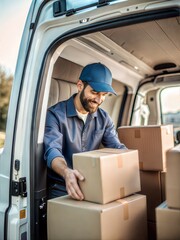 Van Interior with Packages (3:4): A close-up of the interior of a delivery van filled with packages, with a courier arranging them.
