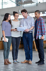 Poster - Business, people and creative office with paperwork, talking together in professional agency for idea and work project, Planning, discussion and workplace for company mission and collaboration