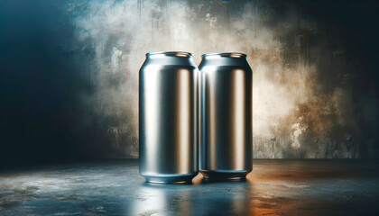 Wall Mural - Two aluminum cans on a textured surface with a grungy background, concept of beverage packaging mockup. Generative AI