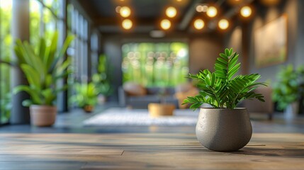 Wall Mural - Blurred background in a modern office, emphasizing a cozy breakout area with comfortable seating and indoor plants.