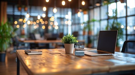 Wall Mural - Blurry background in a chic office setting, spotlighting a sophisticated desk setup with cutting-edge tech devices