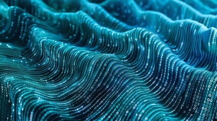 Digital Finance Flow: Waves of Cascading Binary Code in Blue and Teal