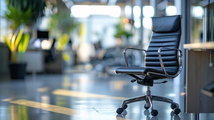 Wall Mural - Modern office interior with a blurred background, focusing on a sleek desk and ergonomic chair in the foreground.