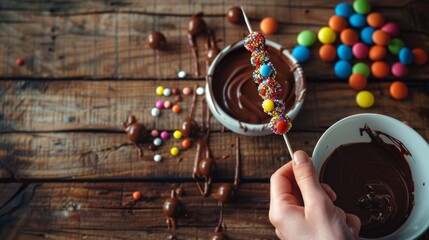 Wall Mural - Delightful Chocolate Covered Jelly kabob with Colorful Sprinkles on a Rustic Wooden Table