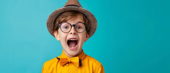 Wall Mural - Happy boy in data analyst outfit on coral blue background with copy space,