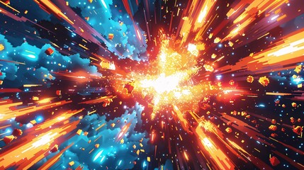 Wall Mural - Retro pixel art depicting a light speed explosion, with vivid colors and explosive energy radiating from the center