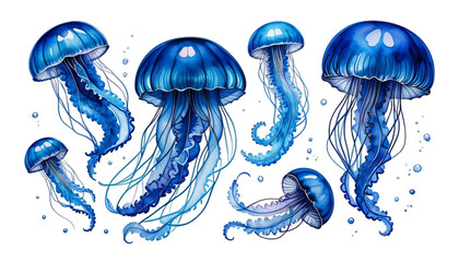 illustration jellyfish blue hand background watercolor drawing abstract animal aquarium art beautiful beauty colours colourful coral creature deep design fish graphic isolated jelly life marin medusa