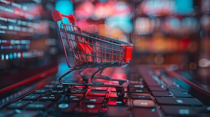 A shopping cart is on a computer keyboard