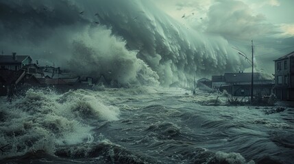 Wall Mural - A concept of disaster, a global flood, and a large tsunami