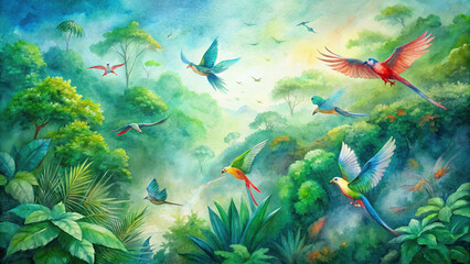 A colorful flock of tropical birds soaring above a lush jungle canopy, their vibrant plumage creating a stunning contrast against the green foliage