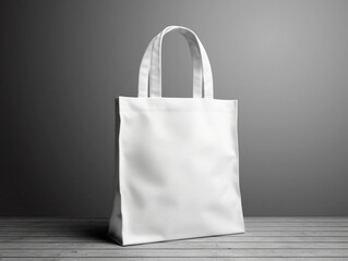 Canvas Print - Blank white tote bag on wooden floor against a gray background, suitable for design mockups. Generative AI